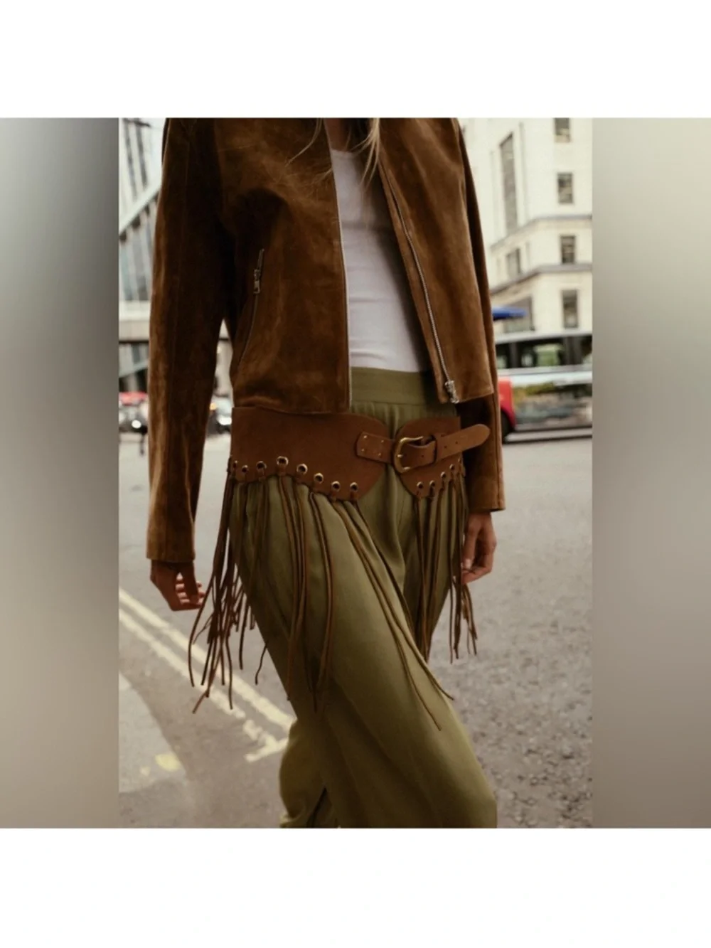 NWT Zara Brown Leather Fringe Cummerbund Belt Buckle Boho Festival Cowgirl Chic - Picture 9 of 10